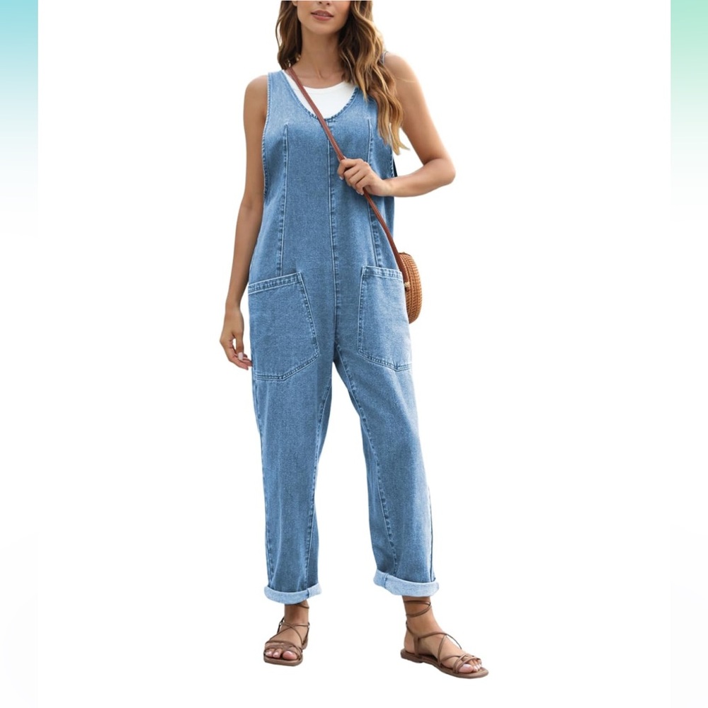 Denim Jumpsuit, Casual Sleeveless Loose Baggy Overalls Jumper with Pockets